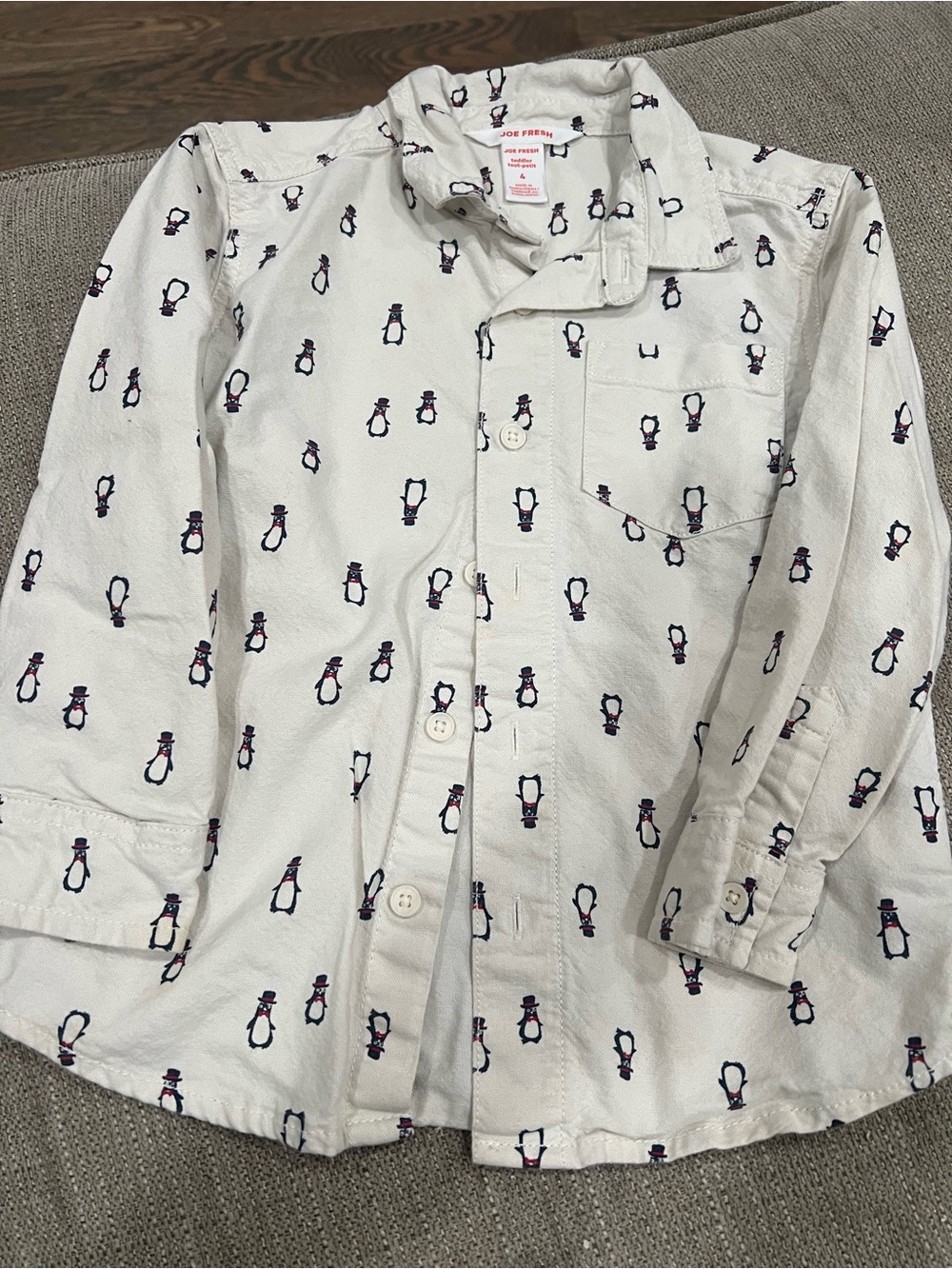 Joe Fresh Cream Button-Up Shirt with Navy and Red Penguin Print boys